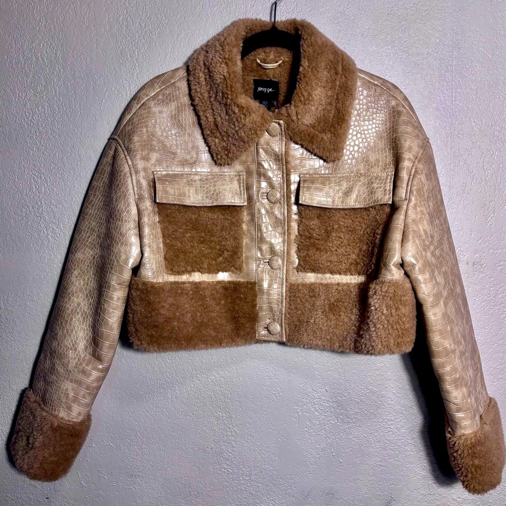 Nasty Gal Croc-Embossed Leather Jacket in Brown and Cream.